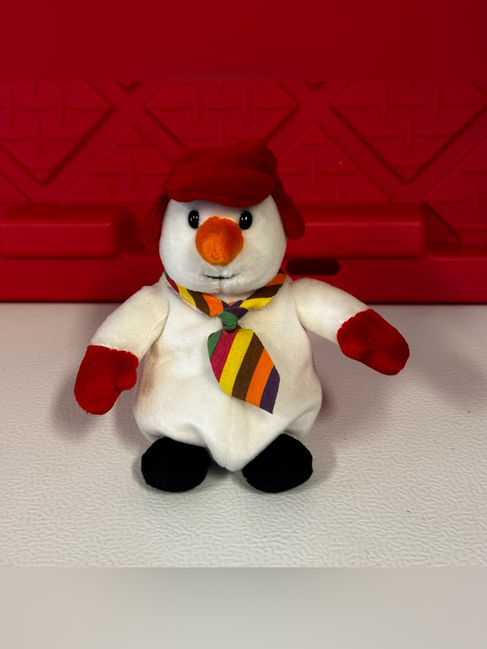 Gund White Snowman Plush with Red Hat, Red Mittens and Multi-Color Striped Scarf